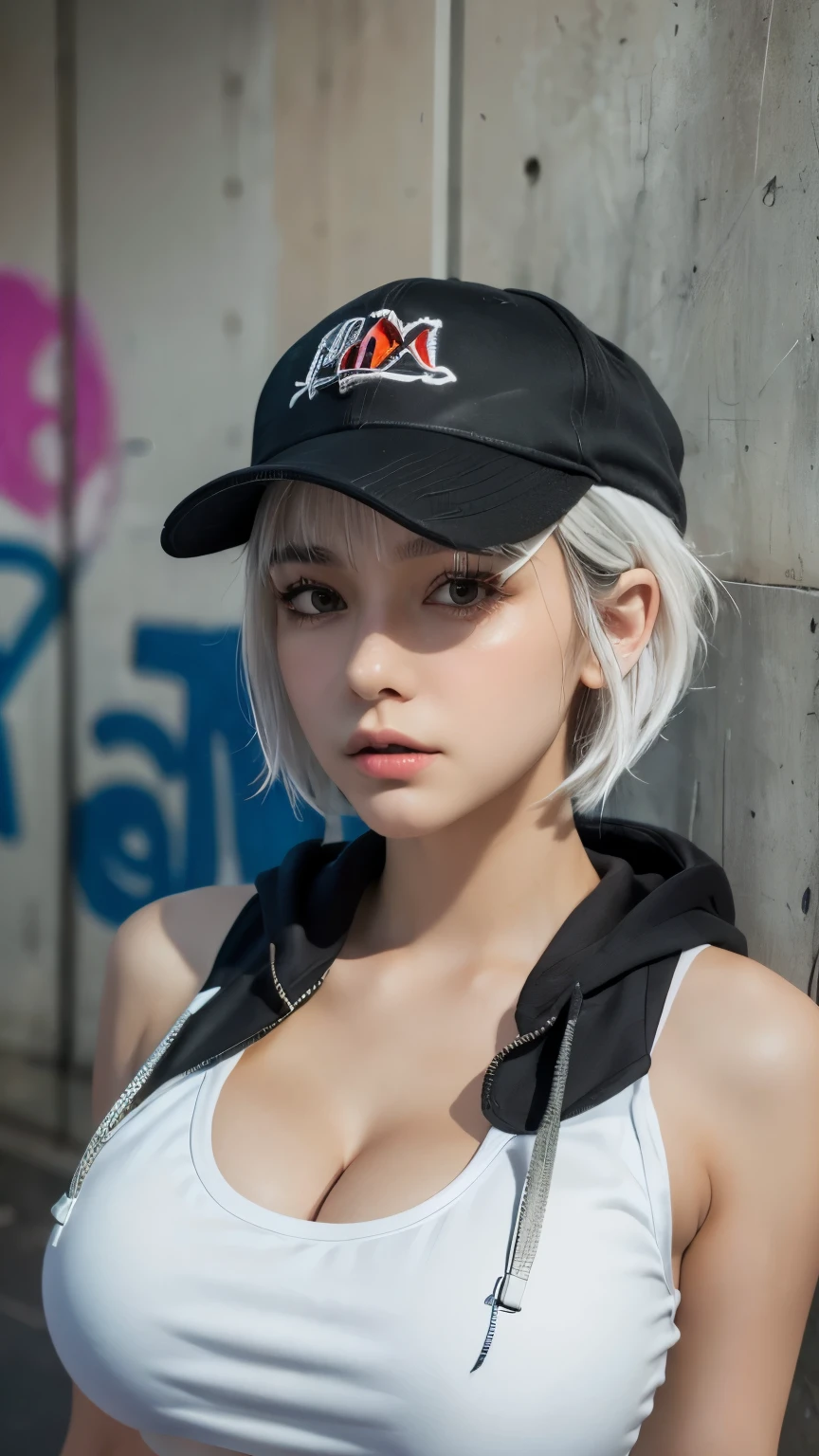 masterpiece, Highest quality, Very detailed, 8k, Realistic, One Girl, alone, Tomboy, Very detailed face, (head shot:1.5), Standing in front of a wall covered in hip hop graffiti, Cyberpunk neon cityscape,Pixie cut white hair, She is wearing a short neon tank top and an open hoodie....,I can see your chest,Nice ass,Wear a New Era cap
