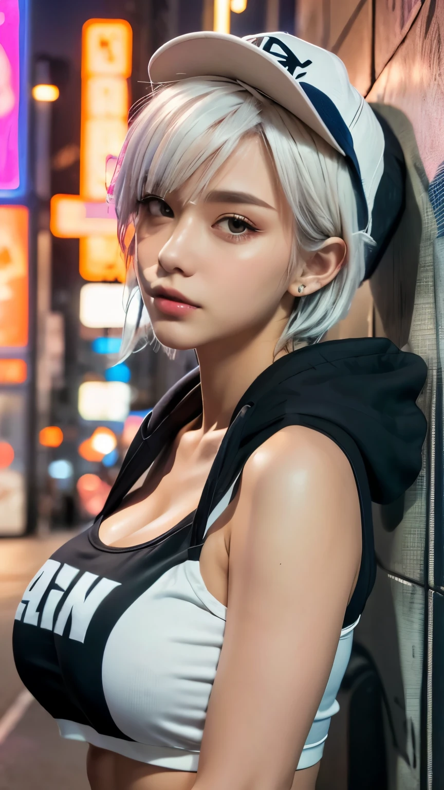 masterpiece, Highest quality, Very detailed, 8k, Realistic, One Girl, alone, Tomboy, Very detailed face, (head shot:1.5), Standing in front of a wall covered in hip hop graffiti, Cyberpunk neon cityscape,Pixie cut white hair, She is wearing a short neon tank top and an open hoodie....,I can see your chest,Nice ass,Wear a New Era cap