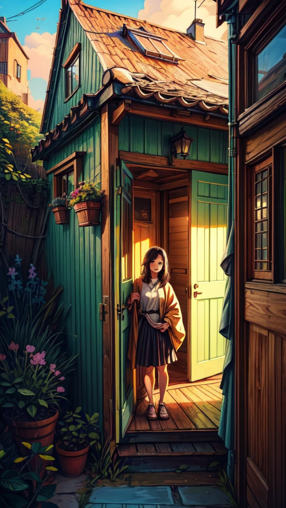 a girl standing on front of door, 1girl, beautiful detailed eyes, beautiful detailed lips, extremely detailed eyes and face, longeyelashes, wooden house, beach, flowers, stairs, vibrant colors, evening, thick lines, cozy tones, big yellow door, ghibli style, outdoor, micro landscape, intricate details, (best quality,4k,8k,highres,masterpiece:1.2),ultra-detailed,(realistic,photorealistic,photo-realistic:1.37)