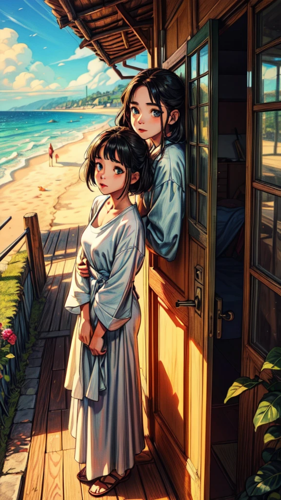 a girl standing on front of door, 1girl, beautiful detailed eyes, beautiful detailed lips, extremely detailed eyes and face, longeyelashes, wooden house, beach, flowers, stairs, vibrant colors, evening, thick lines, cozy tones, big yellow door, ghibli style, outdoor, micro landscape, intricate details, (best quality,4k,8k,highres,masterpiece:1.2),ultra-detailed,(realistic,photorealistic,photo-realistic:1.37)