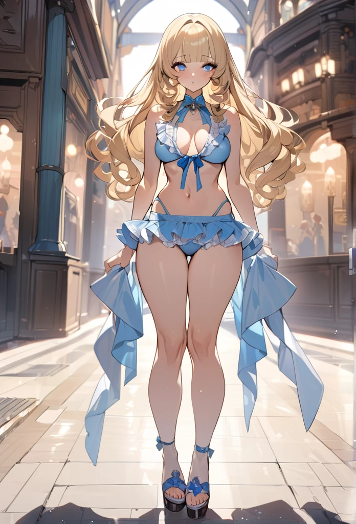 blue eyes,long eyelashes,frilly  blue bikini,medium breasts,wide hips,bishoujo,curls,fringe bangs,fullbody,masterpiece,highres,blonde,long hair,standing, bikini skirt,