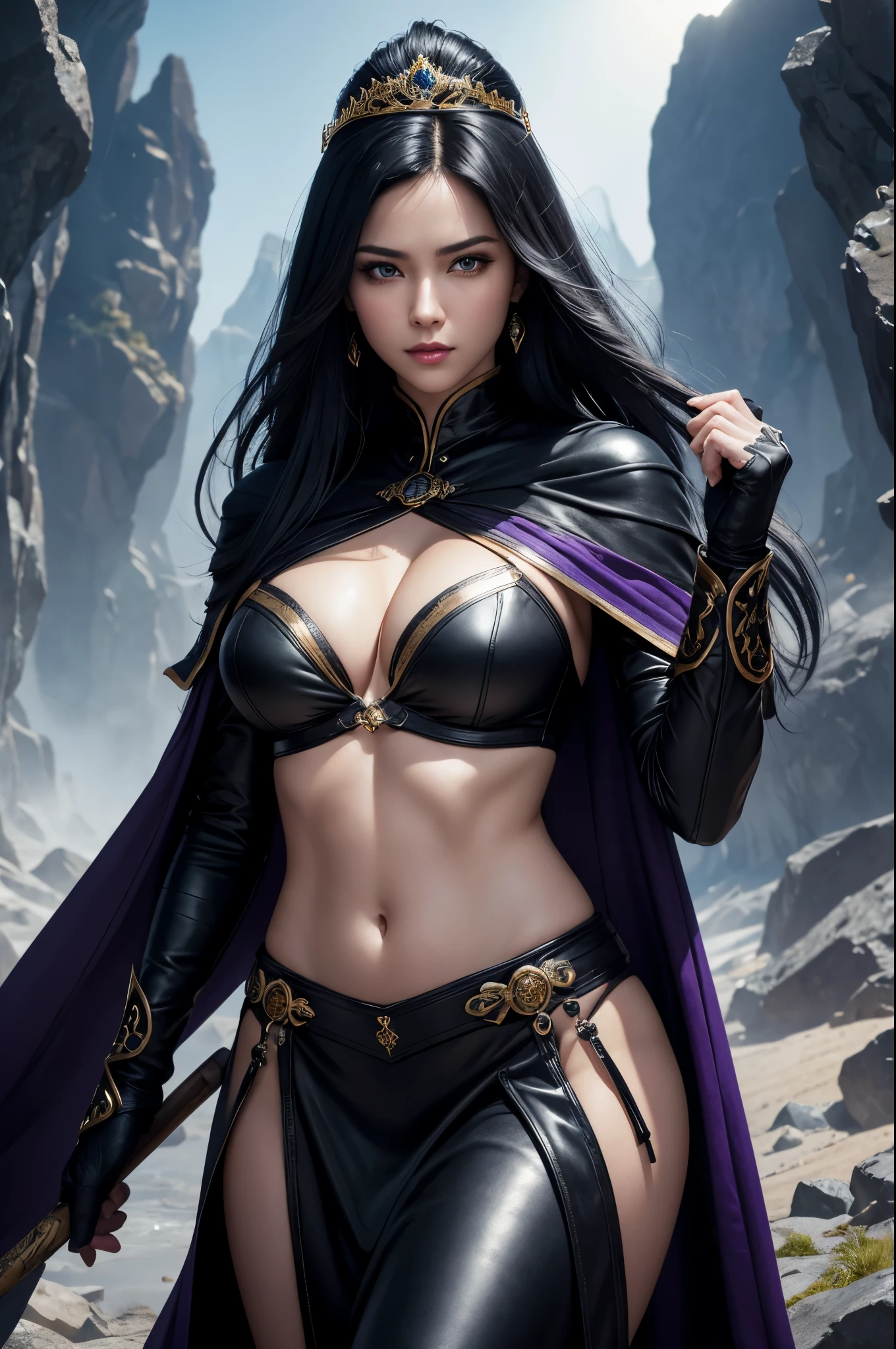 8k,Photorealistic　RAW Photos　Highest quality;1.4) 　(1 adult female)　Super Beauty　(A vivid face),Look at your face　long blue-black hair　The phantom empress with glowing purple eyes　Black and silver aristocratic big breast look　A black robe with a voice,　Golden decoration　Glare　Big black and gold walking stick,　Wearing black leather gloves　Remains　Gwaitz Style　purple rouge　Realistic　Exact details,Beautiful expression　Details of each part　Ultra-high resolution　超Realistic　Charm　Instep　Realistic Skin　Fantasy Queen　An inviting gaze　Emphasize cleavage,,Compensate,masterpiece,Highest qualityのPhotorealisticなRAW Photos。Bright colors,Rich colors, Backlight, Cinema Lighting, Film Grain, 50mm lens, Nikon D850,Detailed character art,Fantasy art,Ultra-high resolution,Ultra-Realistic Skin,Perfect hand shape,Muscular Beauty,Dynamic fighting pose,In the mountains,