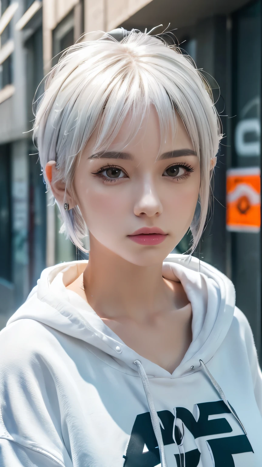 masterpiece, Highest quality, Very detailed, 8k, Realistic, One Girl, alone, Tomboy, Very detailed face, (head shot:1.5), Standing in front of a wall covered in hip hop graffiti, Cyberpunk neon cityscape,Pixie cut white hair, She is wearing a short neon tank top and an open hoodie....,I can see your chest,Nice ass,Wear a New Era cap