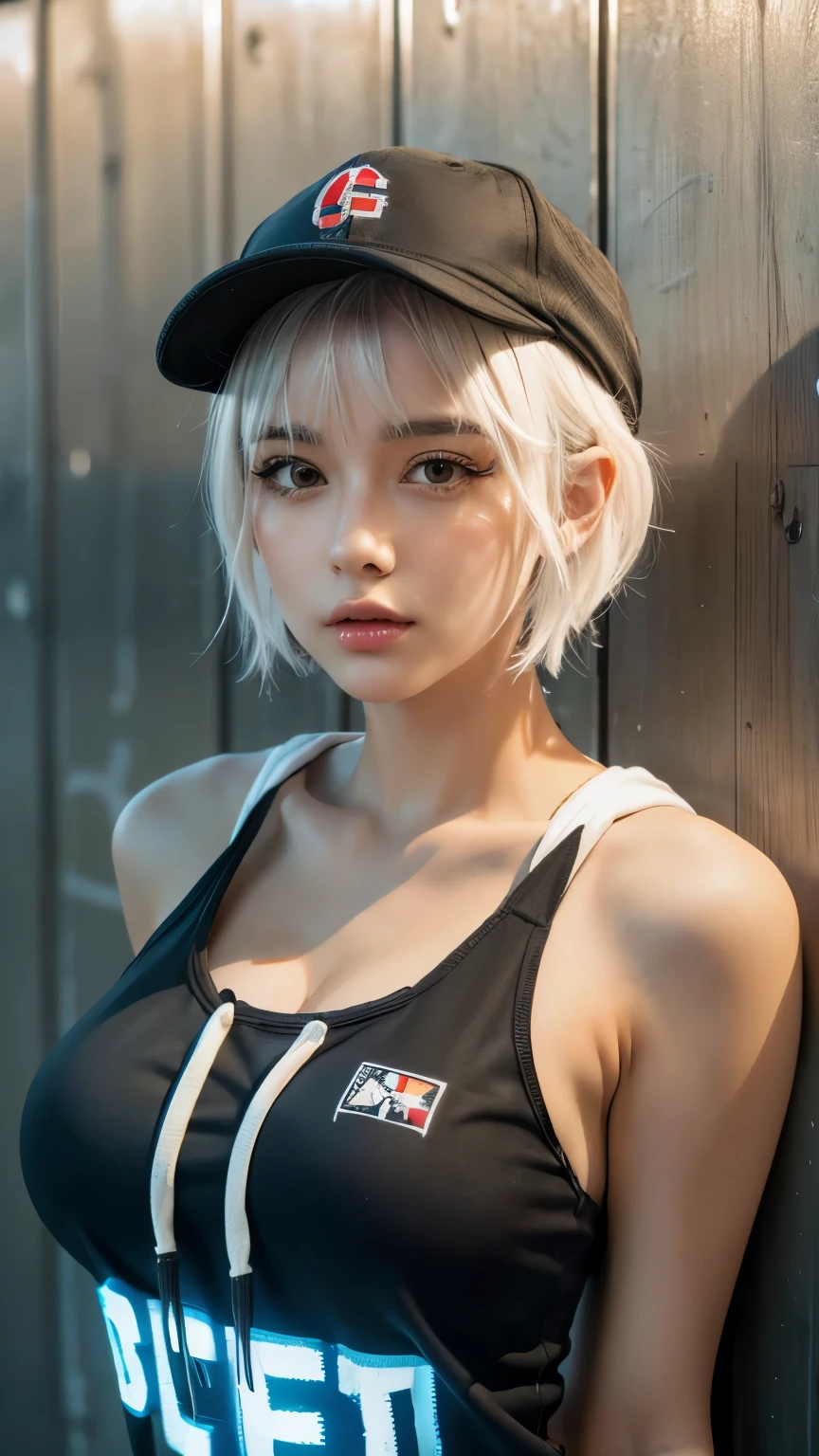 masterpiece, Highest quality, Very detailed, 8k, Realistic, One Girl, alone, Tomboy, Very detailed face, (head shot:1.5), Standing in front of a wall covered in hip hop graffiti, Cyberpunk neon cityscape,Pixie cut white hair, She is wearing a short neon tank top and an open hoodie....,I can see your chest,Nice ass,Wear a New Era cap