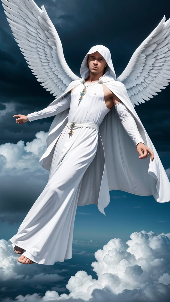 A male angel,wear pearl white long cloak, covering his head, flying above the cloud. He has very massive wingspan. Storm and rainy background.