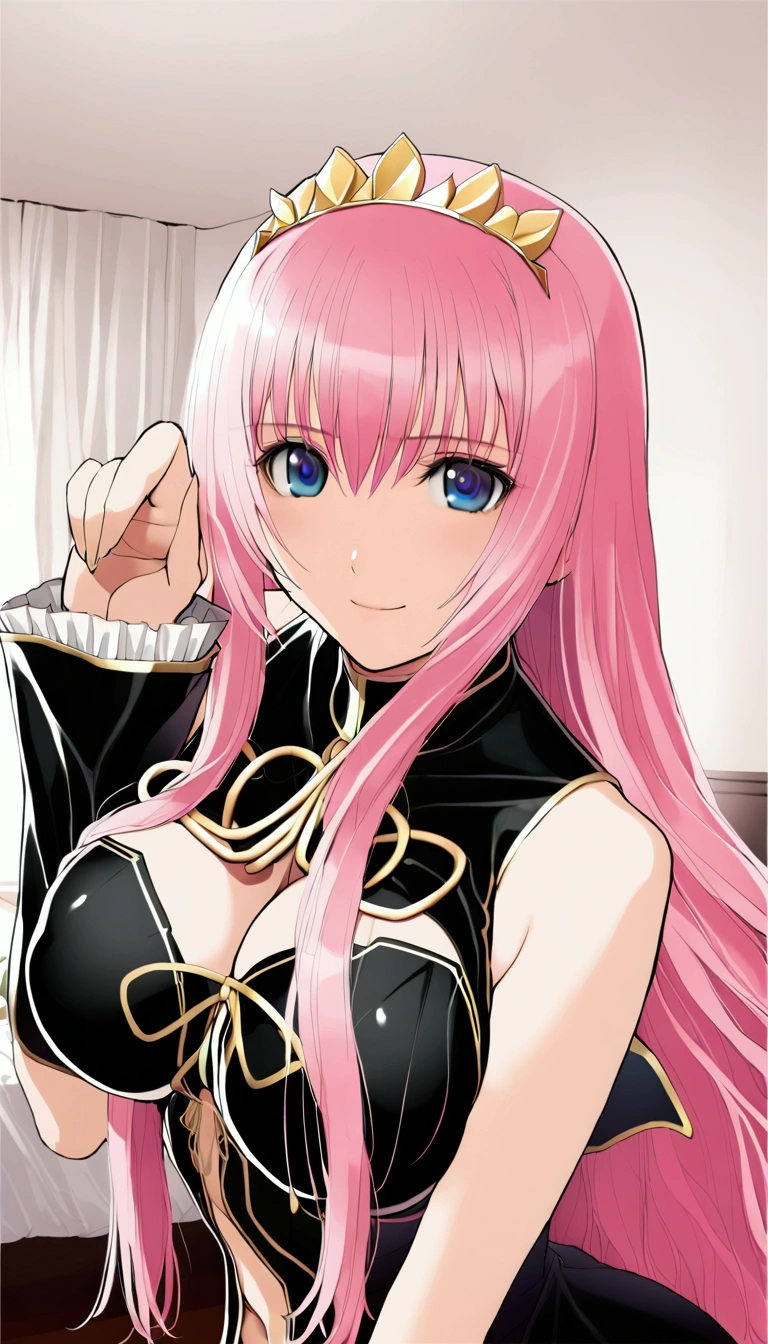 masterpiece,Beautiful adult woman ,Megurine Luka,E cup breasts,Pink long hair,blue eyes,Megurine Luka's official costume,Black costume,Gold decoration,smile,front,Mr.々A pose,Bedroom,