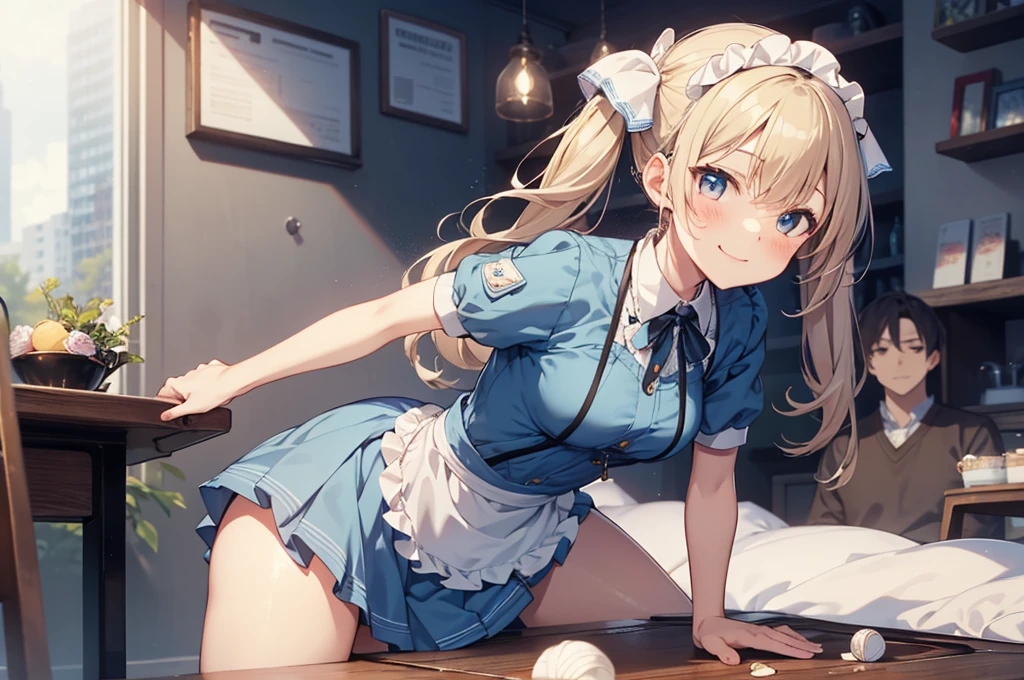 nswf,(Tabletop, Highest quality:1.2), Cowboy Shot, alone, One Girl, Kaho Hyuga, smile, View your viewers, Holding Tray, Twin tails, Head scarf, Maid, Frills, Blue Shirt, Waist apron, puffy short sleeve, Blue Skirt, Thighs Thighs Thighs Thighs, White glow, One Girl, Sex, On the bed, throw, , Mission Grab, Missionaries, Tabletop, Highest quality,Mission Grab,Doggie Grab,kawashiro nitori２０Old Man、hetero、intercourse with a man、doggystyle 、clothed sex,,A man grabs a woman&#39;s buttocks from behind、For men, only the body is drawn