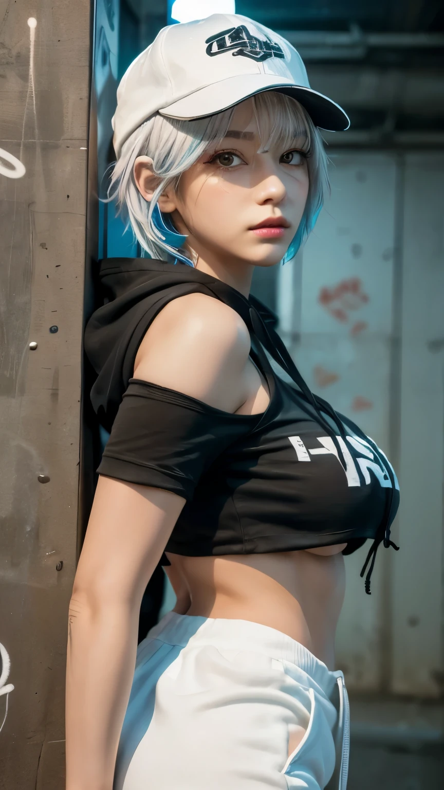 masterpiece, Highest quality, Very detailed, 8k, Realistic, One Girl, alone, Tomboy, Very detailed face, (head shot:1.5), Standing in front of a wall covered in hip hop graffiti, Cyberpunk neon cityscape,Pixie cut white hair, She is wearing a short neon tank top and an open hoodie....,I can see your chest,Nice ass,Wear a New Era cap