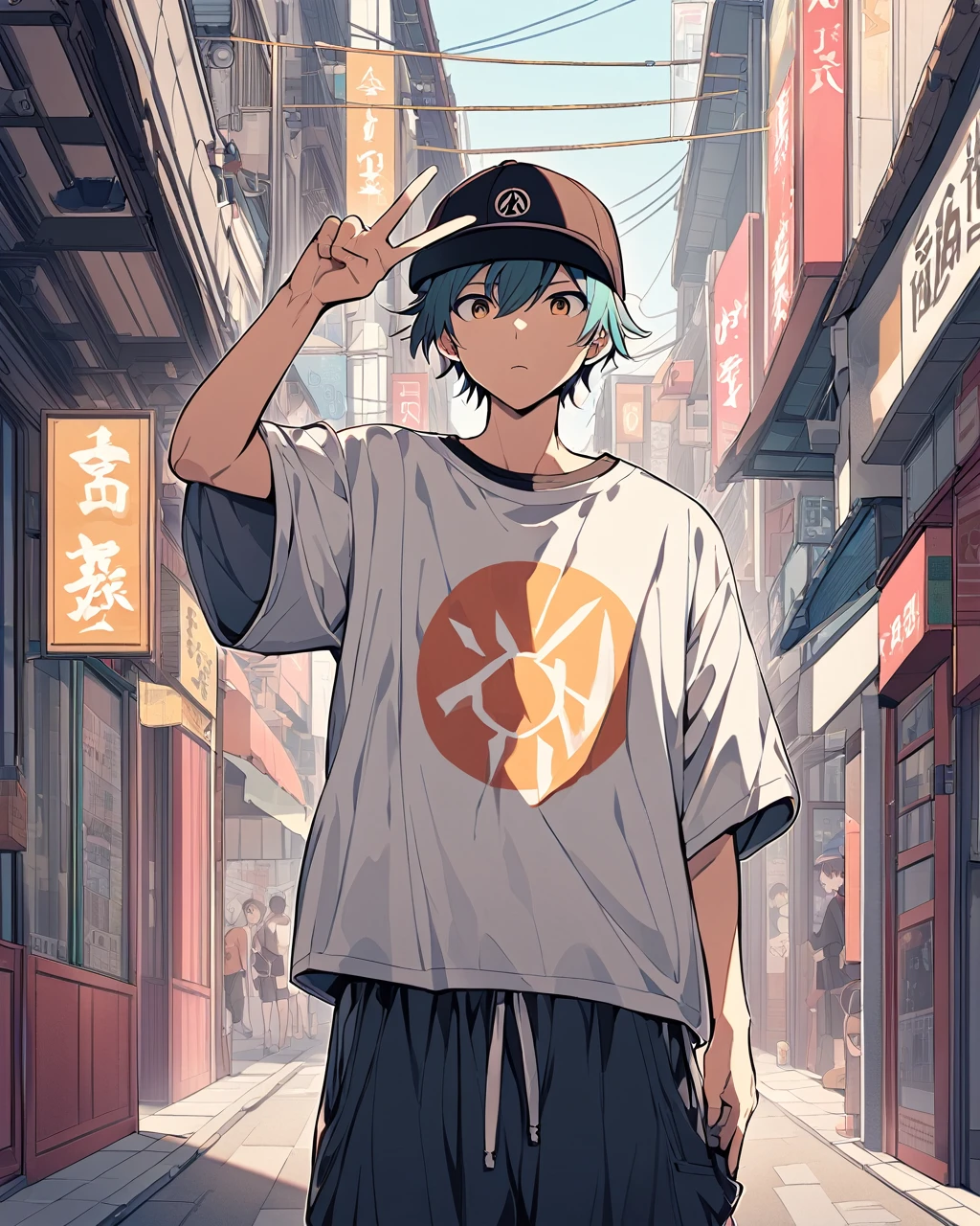 Create a detailed anime illustration of a boy with short hair standing in a vibrant, bustling urban street. He should be dressed in casual streetwear: a baseball cap, baggy pants, and a graphic t-shirt. The boy is holding up a peace sign with his right hand, his expression calm and slightly neutral. Use a two-tone pastel background to highlight the modern street scene, featuring various signs in Japanese, colorful storefronts, and a generally busy atmosphere.