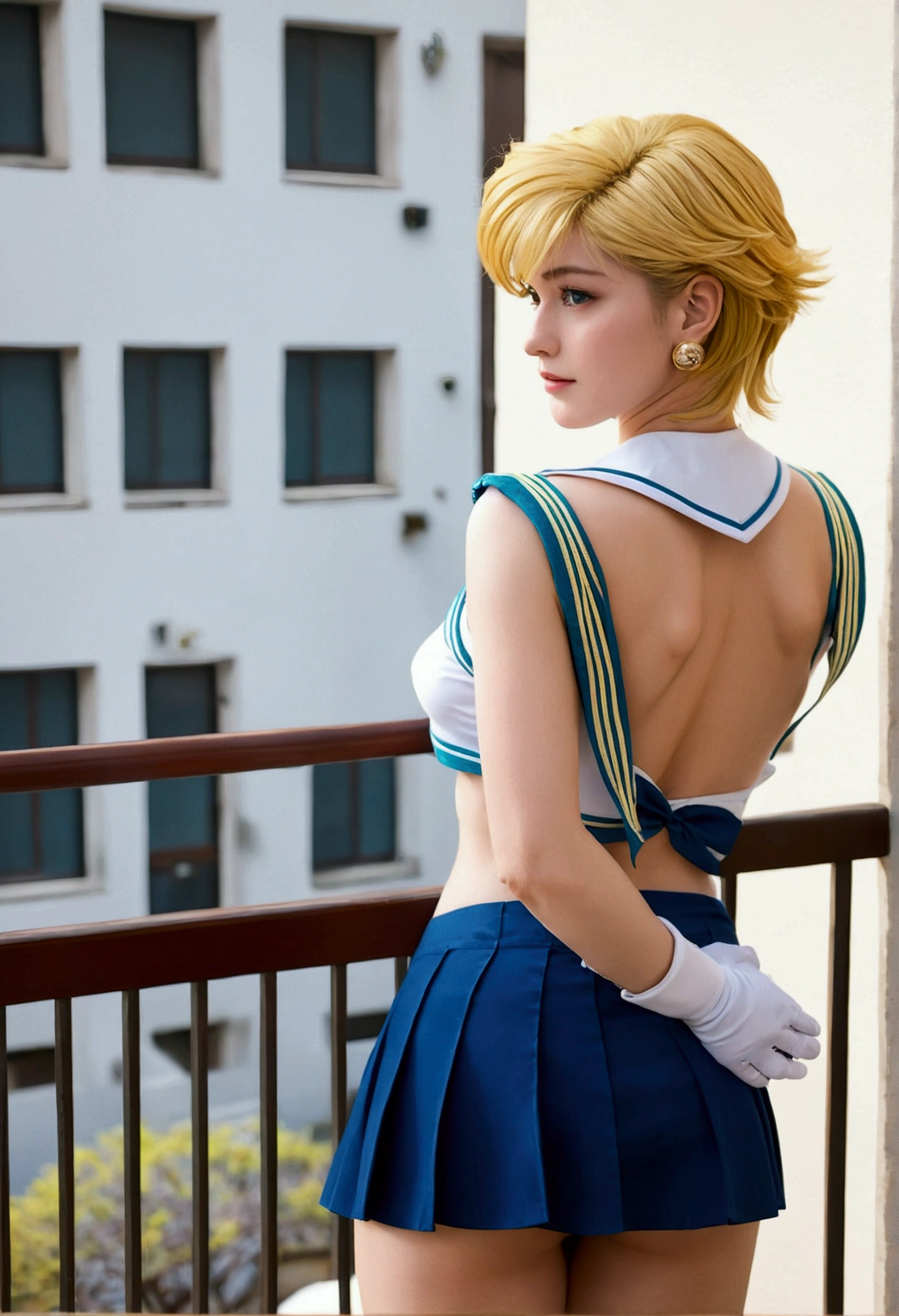 (The best quality:1.1), (masterpiece:1.4), (absurdities:1.0), portrait, foreground,1girl, Sailor Uranus, KizukiAi, mature woman, small breasts, aqua eyes, blond hair, Uniforme Sailor Senshi, Sailor Necklace, chest arch, rear arch, Supplicant skirt, White elbow gloves, big booty, Ultra miniskirt , jewely, earrings, leaning on a balcony, backwards, showing her butt, BEAUTIFUL BUTTOCKS, (crouched) (micro tanga) (back posture)