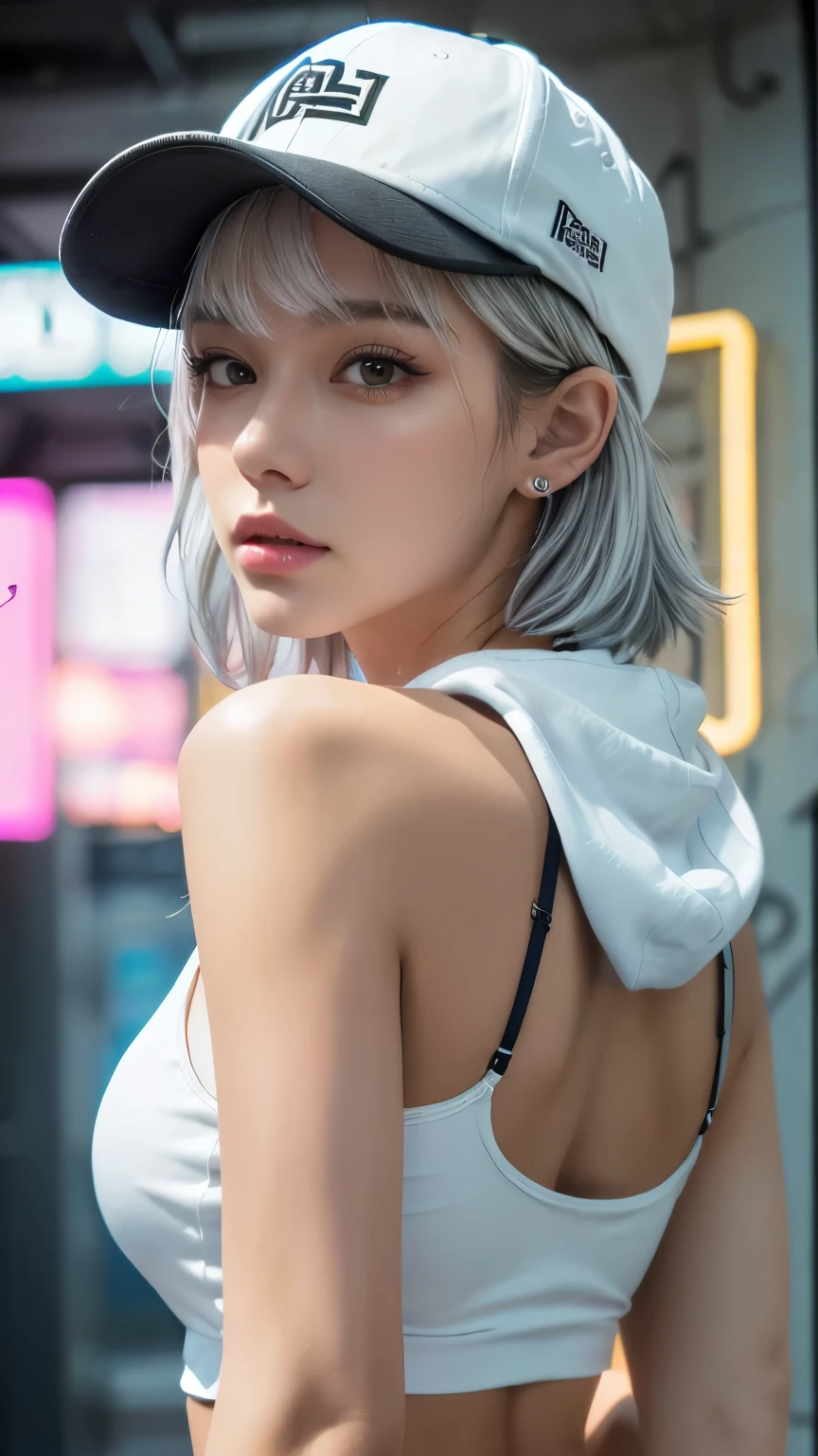 masterpiece, Highest quality, Very detailed, 8k, Realistic, One Girl, alone, Tomboy, Very detailed face, (head shot:1.5), Standing in front of a wall covered in hip hop graffiti, Cyberpunk neon cityscape,Pixie cut white hair, She is wearing a short neon tank top and an open hoodie....,I can see your chest,Nice ass,Wear a New Era cap