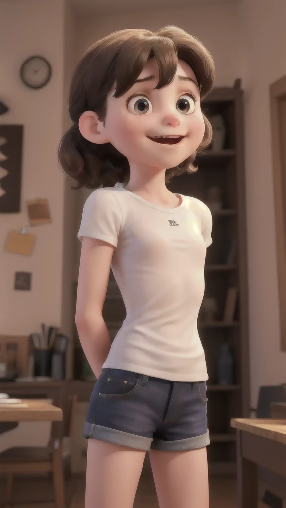 1 girl, English, 12 years old, arms back, 3/4 shot, realisitic, best qualityer, instagramart, bared shoulders, white shirt, shorth hair, glad, Laughter