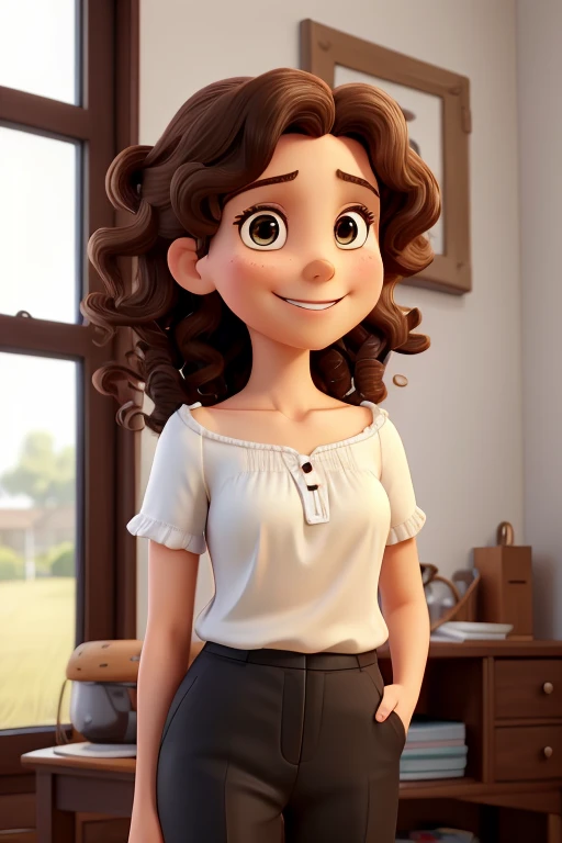 a photo of adriele carinss a 36 year old woman, happy and smiling, white, shoulder length curly brown hair, brown eyes, white blouse, black pants, looking at the camera