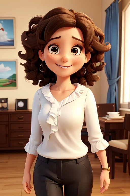 a photo of adriele carinss a 36 year old woman, happy and smiling, white, shoulder length curly brown hair, brown eyes, white blouse, black pants, looking at the camera