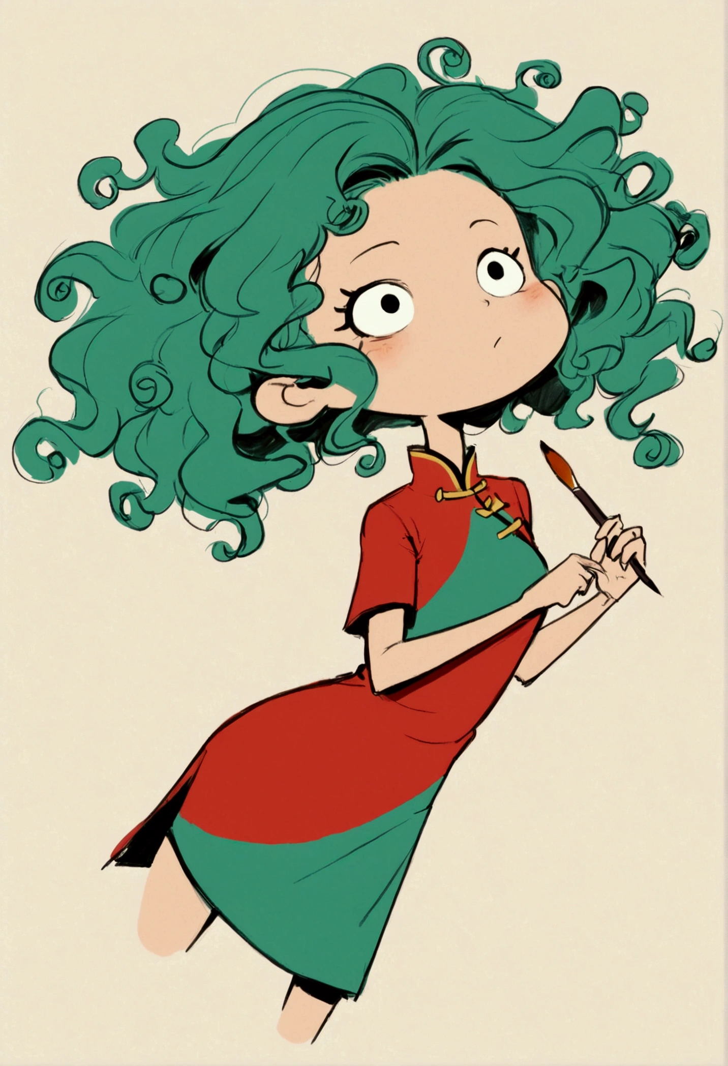 (((Exaggerated digital character sketches:1.37))).(1 Girl,cheongsam,Solitary,Fluffy curly hair,(Exaggerated expression,),(Black sketch lines,Loose brushstrokes create the outline,Cartoon Style. Bright colors and simplified lines, sketch)。(Exaggerated body movements,holding a paintbrush in his hand),(Large area of blank)。(((Signed by the artist:jeima)))