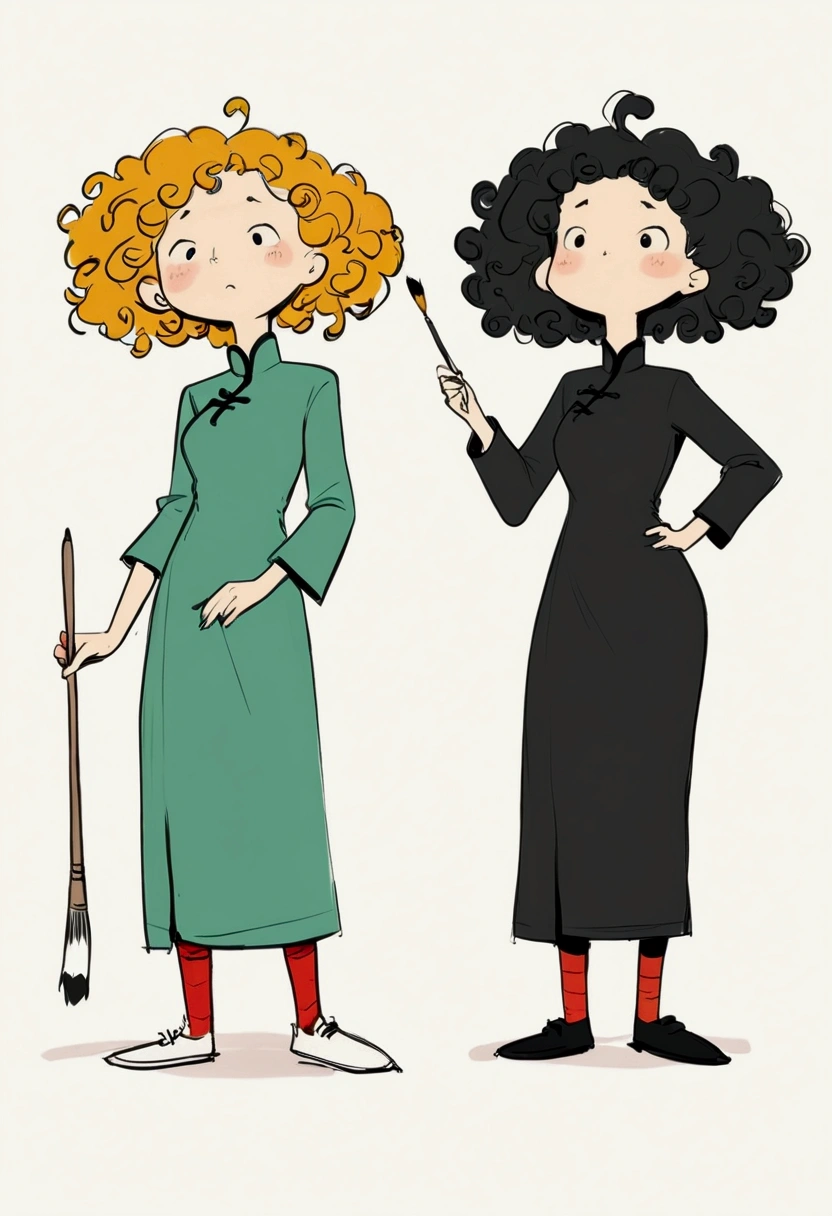 (((Exaggerated digital character sketches:1.37))).(1 Girl,cheongsam,Solitary,Fluffy curly hair,(Exaggerated expression,),(Black sketch lines,Loose brushstrokes create the outline,Cartoon Style. Bright colors and simplified lines, sketch)。(Exaggerated body movements,holding a paintbrush in his hand),(Large area of blank)。(((Signed by the artist:jeima)))