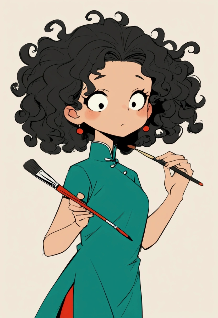 (((Exaggerated digital character sketches:1.37))).(1 Girl，cheongsam，Solitary，Fluffy curly hair，(Exaggerated expression,)，(Black sketch lines，Loose brushstrokes create the outline，Cartoon Style. Bright colors and simplified lines, sketch)。(Exaggerated body movements，holding a paintbrush in his hand),(Large area of blank）。(((Signed by the artist：jeima)))