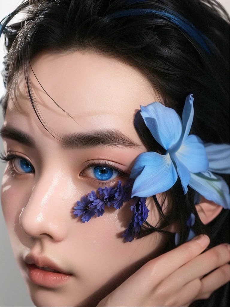 There is a woman holding a flower in her hand, Jinyoung Shin, by Tadashi Nakayama, with flowers, Jinyoung Shin aesthetic, delicate androgynous prince, with blue eyes vívidos, Tae June Kim, cai xukun, with blue eyes brilhantes, eiko ishioka, Cute androgynous prince, with blue eyes, clear blue eyes, inspired by Zhang Han