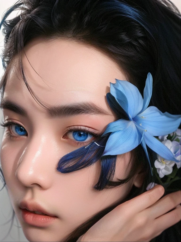 There is a woman holding a flower in her hand, Jinyoung Shin, by Tadashi Nakayama, with flowers, Jinyoung Shin aesthetic, delicate androgynous prince, with blue eyes vívidos, Tae June Kim, cai xukun, with blue eyes brilhantes, eiko ishioka, Cute androgynous prince, with blue eyes, clear blue eyes, inspired by Zhang Han
