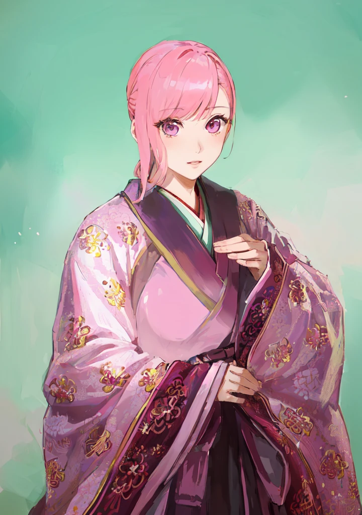 Pink Hair、Anime girl in purple dress，, Sakura Haruno, ((Wearing noble robes)), Goto Indian Summer, Sakura Haruno, Produced in collaboration with Anime Painter Studio, Inspired by Nishikawa Sukenobu, Glorious Makami, inspired by Eizan Kikukawa, Wearing Kimono, Yaoi Haruma, Wearing Kimono，big ，huge ，sex body，Three Kingdoms，Dynasty Warriors，Chinese style，Hanfu，Huge Breasts，Pink Eyes，Pink Hair