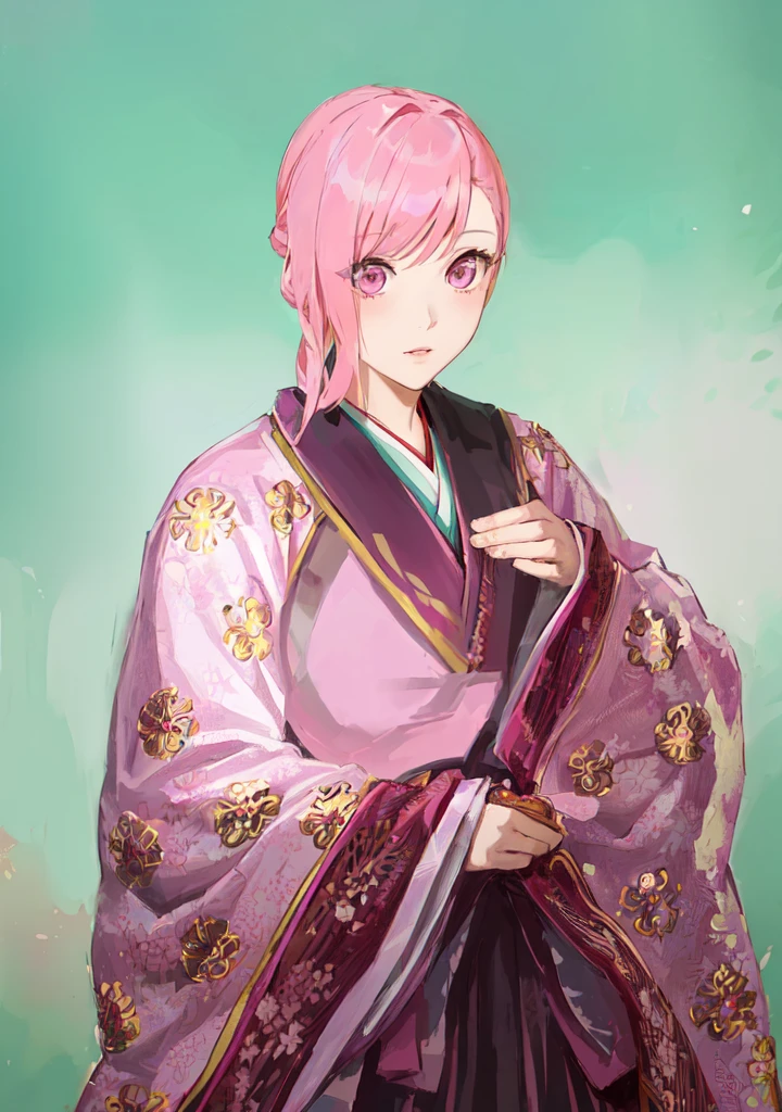 Pink Hair、Anime girl in purple dress，, Sakura Haruno, ((Wearing noble robes)), Goto Indian Summer, Sakura Haruno, Produced in collaboration with Anime Painter Studio, Inspired by Nishikawa Sukenobu, Glorious Makami, inspired by Eizan Kikukawa, Wearing Kimono, Yaoi Haruma, Wearing Kimono，big ，huge ，sex body，Three Kingdoms，Dynasty Warriors，Chinese style，Hanfu，Huge Breasts，Pink Eyes，Pink Hair