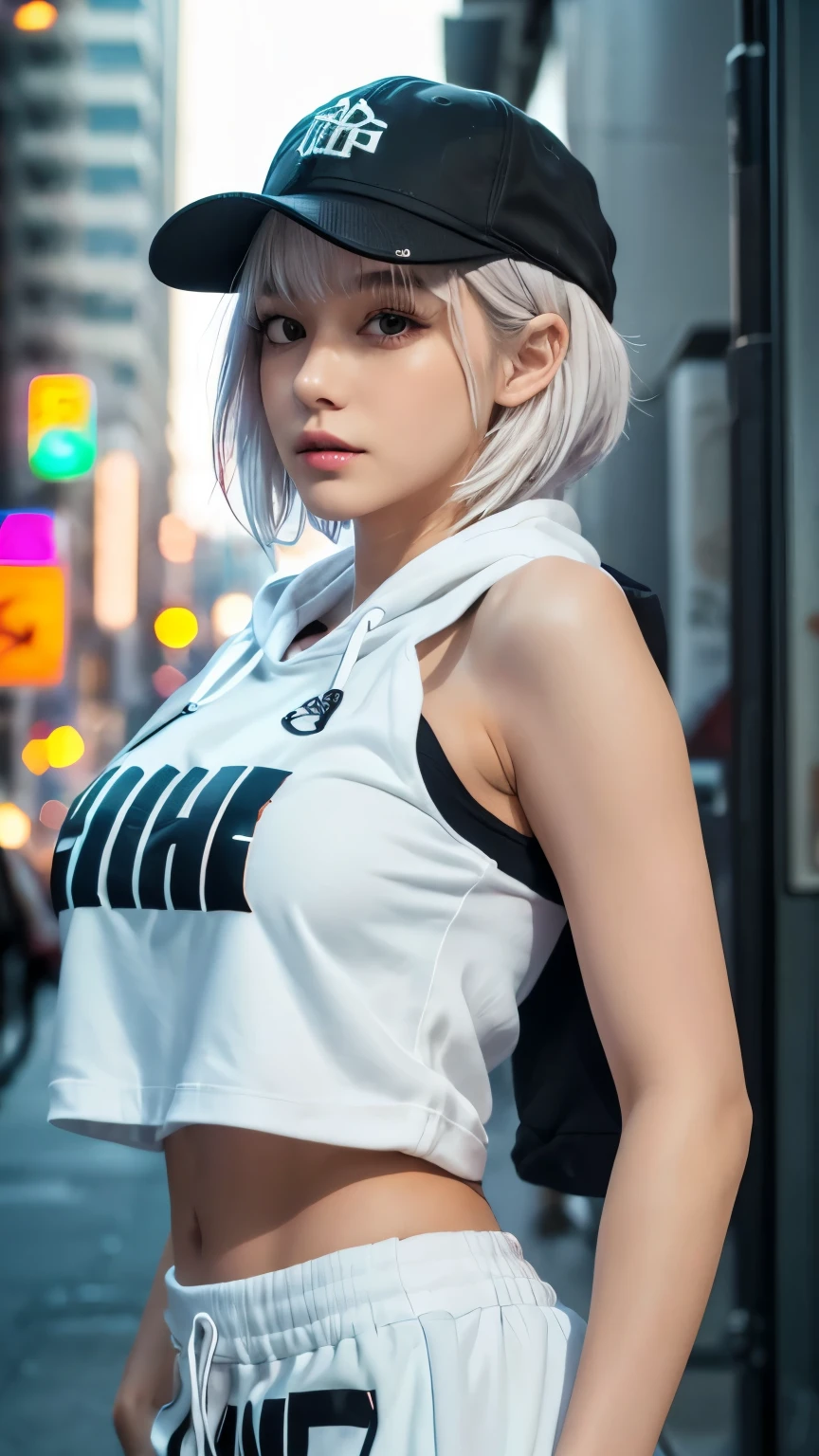 masterpiece, Highest quality, Very detailed, 8k, Realistic, One Girl, alone, Tomboy, Very detailed face, (head shot:1.5), Standing in front of a wall covered in hip hop graffiti, Cyberpunk neon cityscape,Pixie cut white hair, She is wearing a short neon tank top and an open hoodie....,I can see your chest,Nice ass,Wear a New Era cap