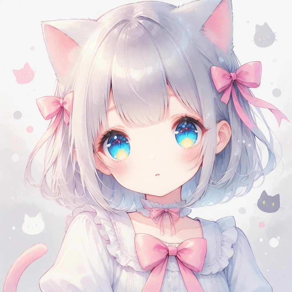 Gray Hair,Light blue eyes,Half Twin,ribbon,Cat ear