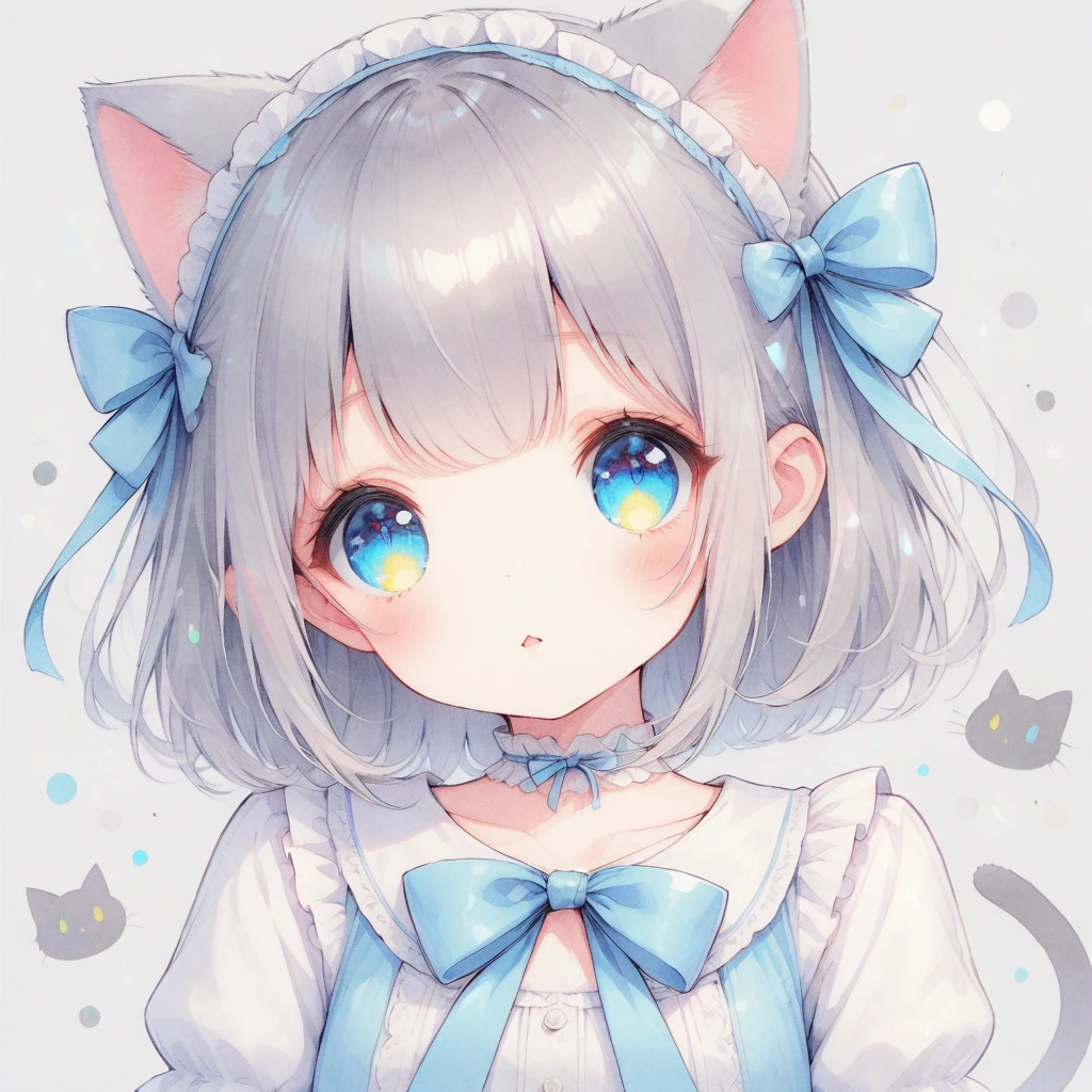 Gray Hair,Light blue eyes,Half Twin,ribbon,Cat ear