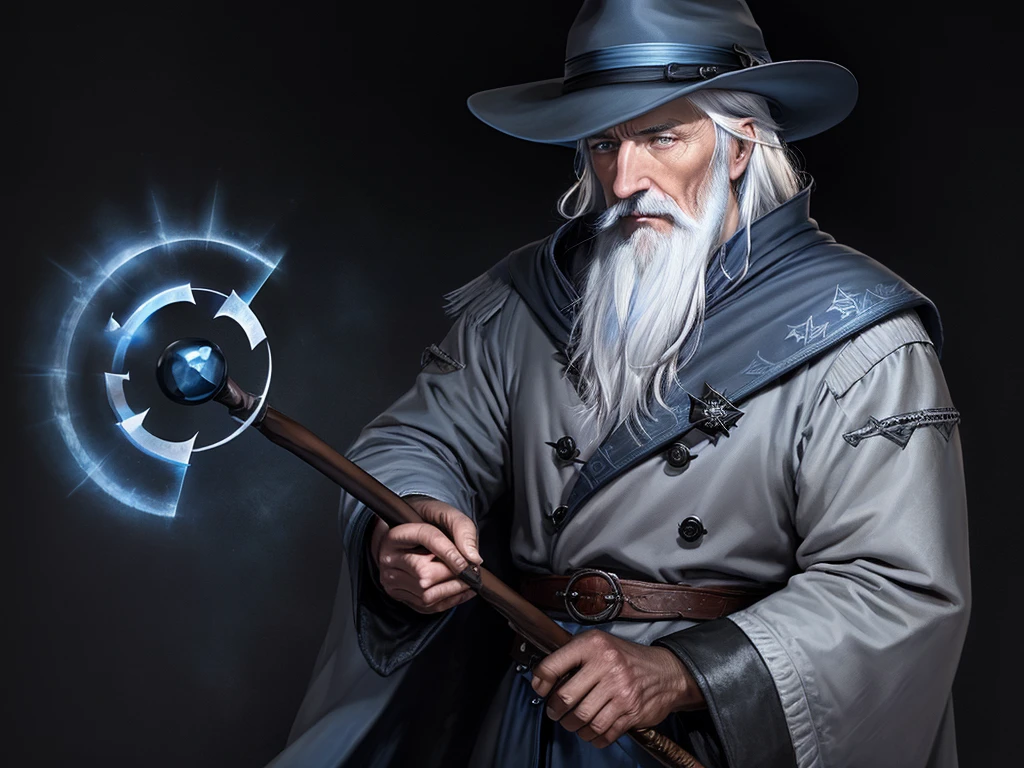 Male wizard, old, blue eyes, white hair, realistic, gray hat, black overcoat, holding a staff, with a blue stone at the end, on an all-black background