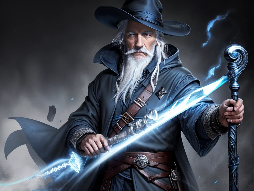 Male wizard, old, blue eyes, white hair, realistic, gray hat, black overcoat, holding a staff, with a blue stone at the end, on an all-black background