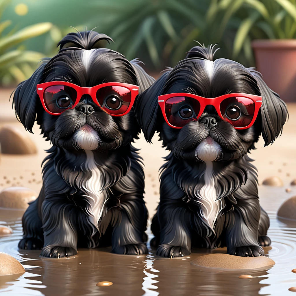 2 Adorable small black Shih Tzu puppies red sunglasses muddy 3d cartoon 3d render disney pixar style