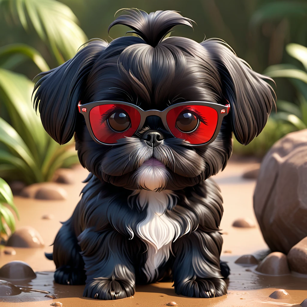 2 Adorable small black Shih Tzu puppies red sunglasses muddy 3d cartoon 3d render disney pixar style