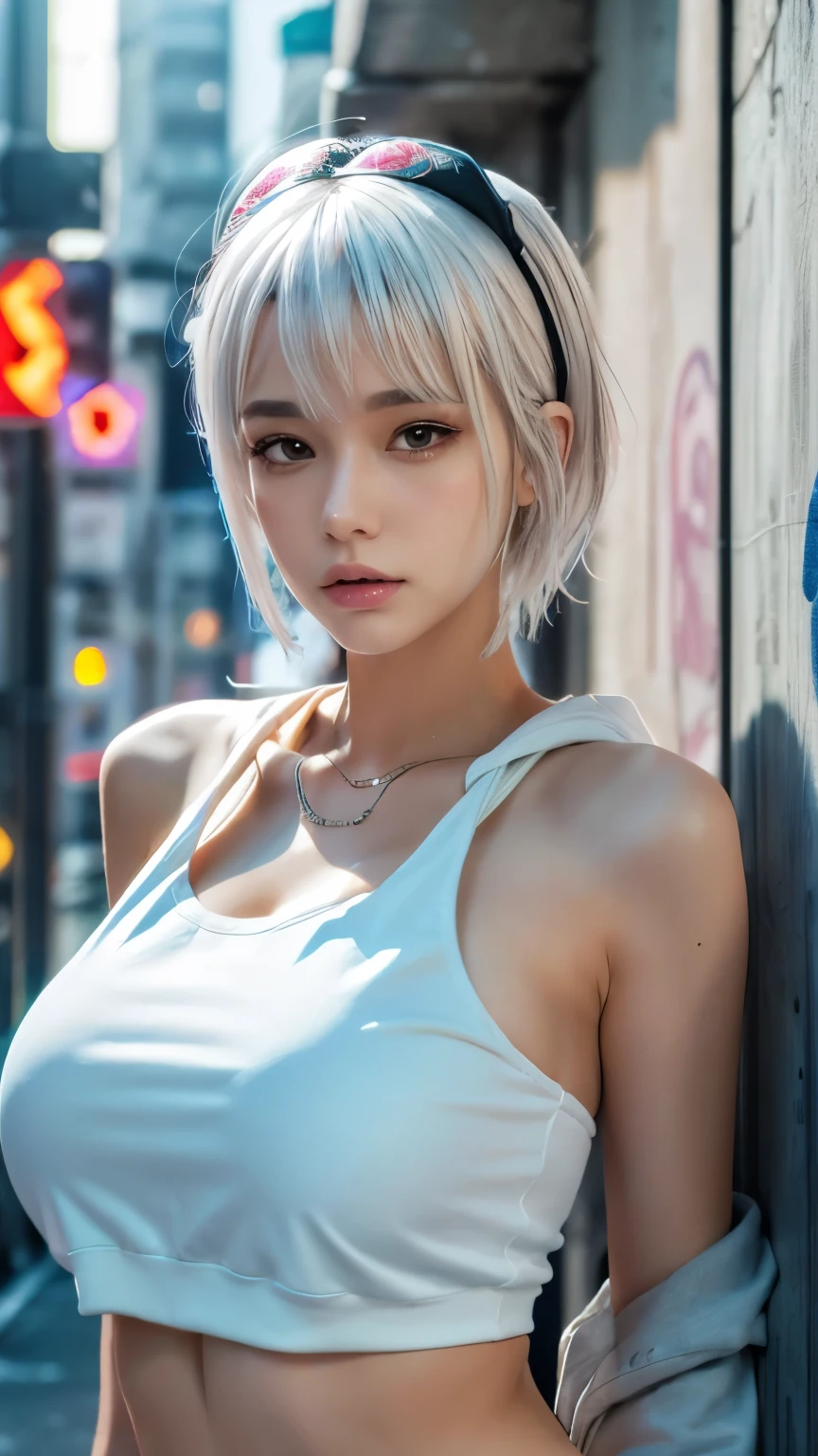 masterpiece, Highest quality, Very detailed, 8k, Realistic, One Girl, alone, Tomboy, Very detailed face, (head shot:1.5), Standing in front of a wall covered in hip hop graffiti, Cyberpunk neon cityscape,Pixie cut white hair, She is wearing a short neon tank top and an open hoodie....,I can see your chest,Nice ass,Wear a New Era cap