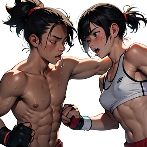 naked two cute japanese high school girl fighters are punching so hard each other in a ring. punch with all their might. dynamin action. thire body and face have bruises and blood all over her body and face. Muscular bodies. Six-pack abs. they have short-cut black hair, shortness of breath, drool from her mouth, one closed eye, exhaustion, and sweat soaked.