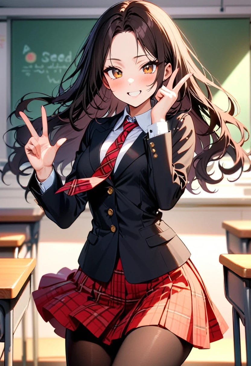 (masterpiece, best quality:1.3), A young woman, 19-years-old, average height, slender figure, solo, Korean, (long black wavy hair that's parted in the middle, no bangs:1.2), brown eyes, (black blazer, white shirt, red plaid necktie, red pleated skirt, black pantyhose:1.1), playful smile, cheerful, bright smile, mature face, classroom, holding up a v-sign, upper body, looking at viewer