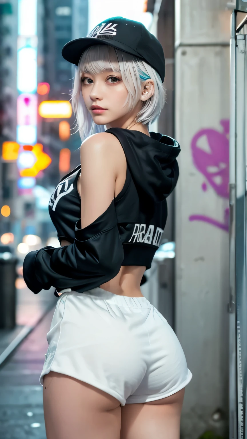 masterpiece, Highest quality, Very detailed, 8k, Realistic, One Girl, alone, Tomboy, Very detailed face, (head shot:1.5), Standing in front of a wall covered in hip hop graffiti, Cyberpunk neon cityscape,Pixie cut white hair, She is wearing a short neon tank top and an open hoodie....,I can see your chest,Nice ass,Wear a New Era cap