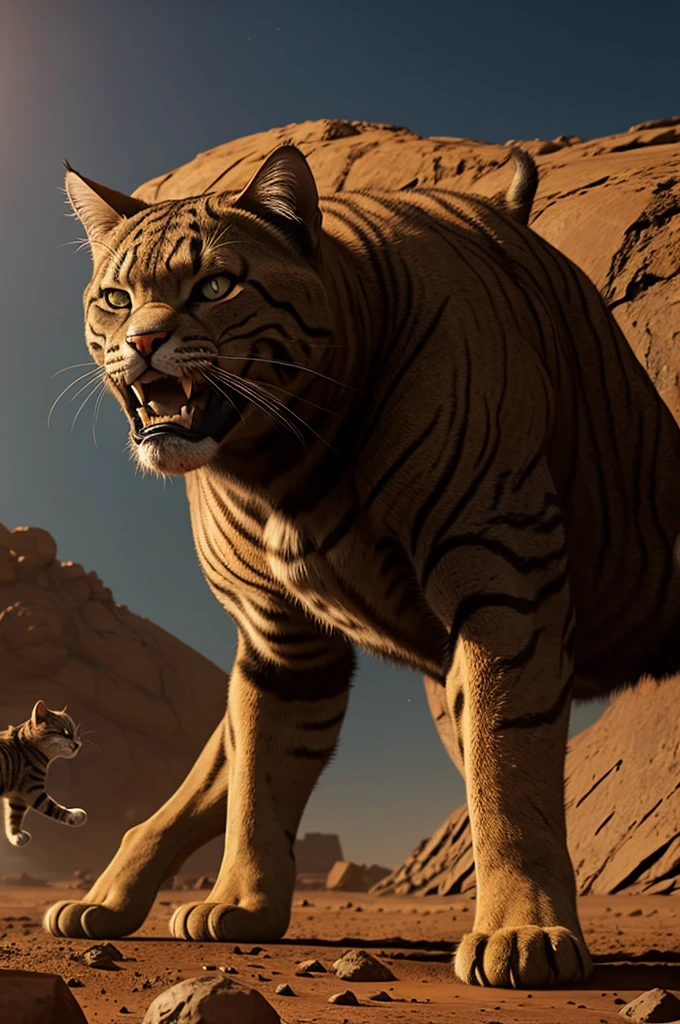 Animated, Medium short shot, big, cat, angry, fighting with Spiderman's dog, on the planet Mars.