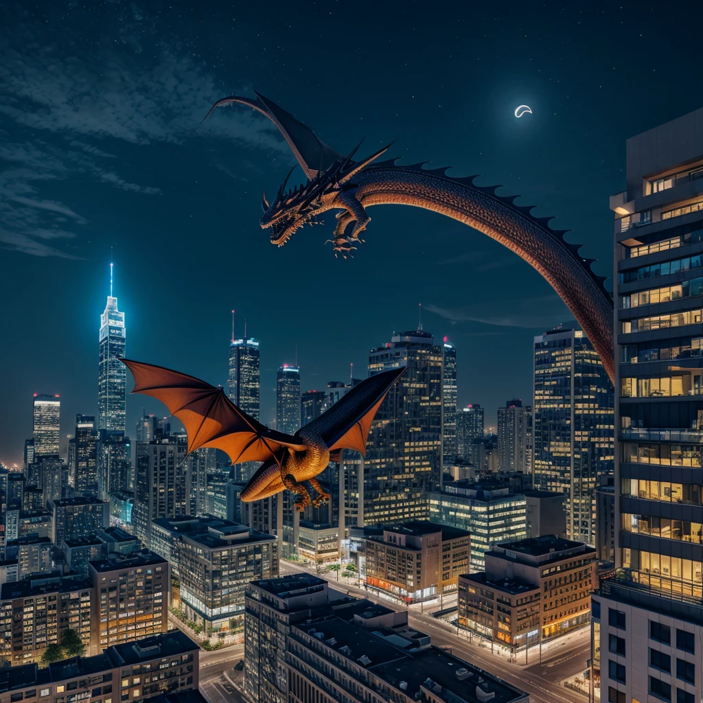 Night time, future buildings, and a flying dragon on building
