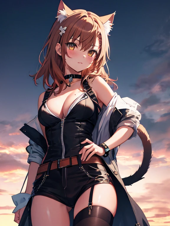 Cat ear, tail, Cat girl, Misaka Mikoto, 1girl, black choker, uhd, retina, masterpiece, ccurate, anatomically correct, textured skin, super detail, high details, high quality, best quality, highres, 4K