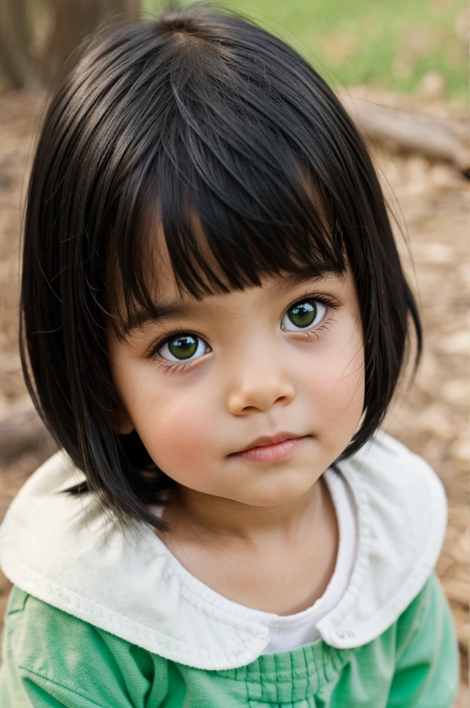 A has black hair and green eyes, Age 4