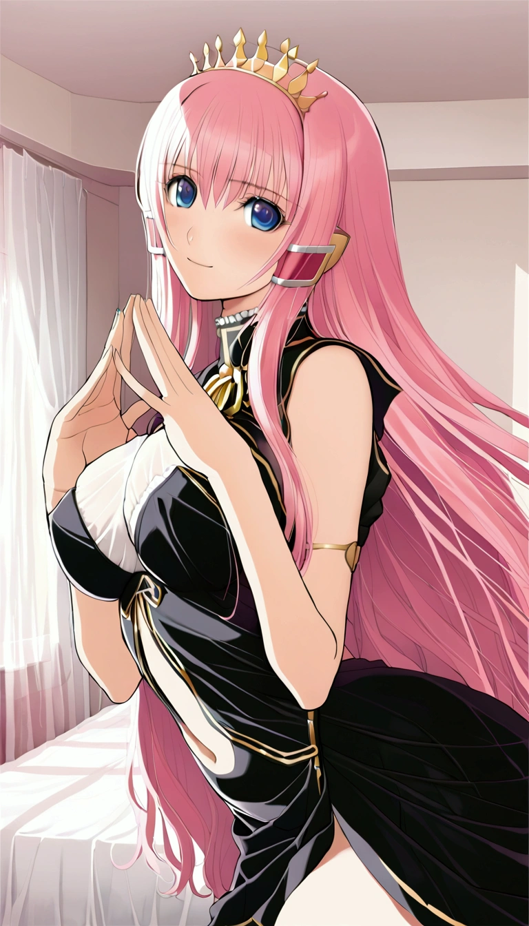 masterpiece,Beautiful adult woman ,Megurine Luka,E cup breasts,Pink long hair,blue eyes,Megurine Luka&#39;s official costume,Black costume,Gold decoration,smile,front,Making a heart with hands,Bedroom,