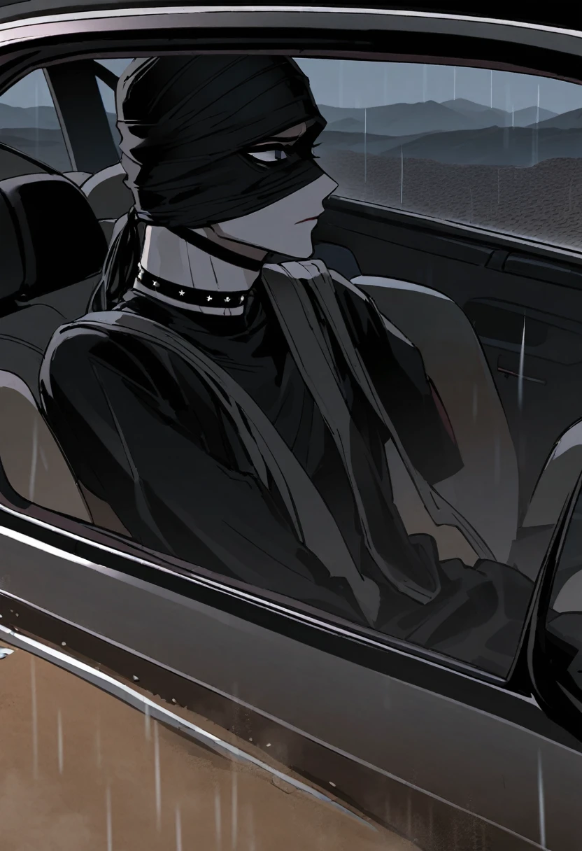 Male arab modern terrorist, terrorist, black balaclava, black bandage, black clothes, thin waist, skinny body, femboy, light skin, makeup, black eyeliner, big eyelashes, black eyeshadow, metal choker, inside the car, desert, night, rain 