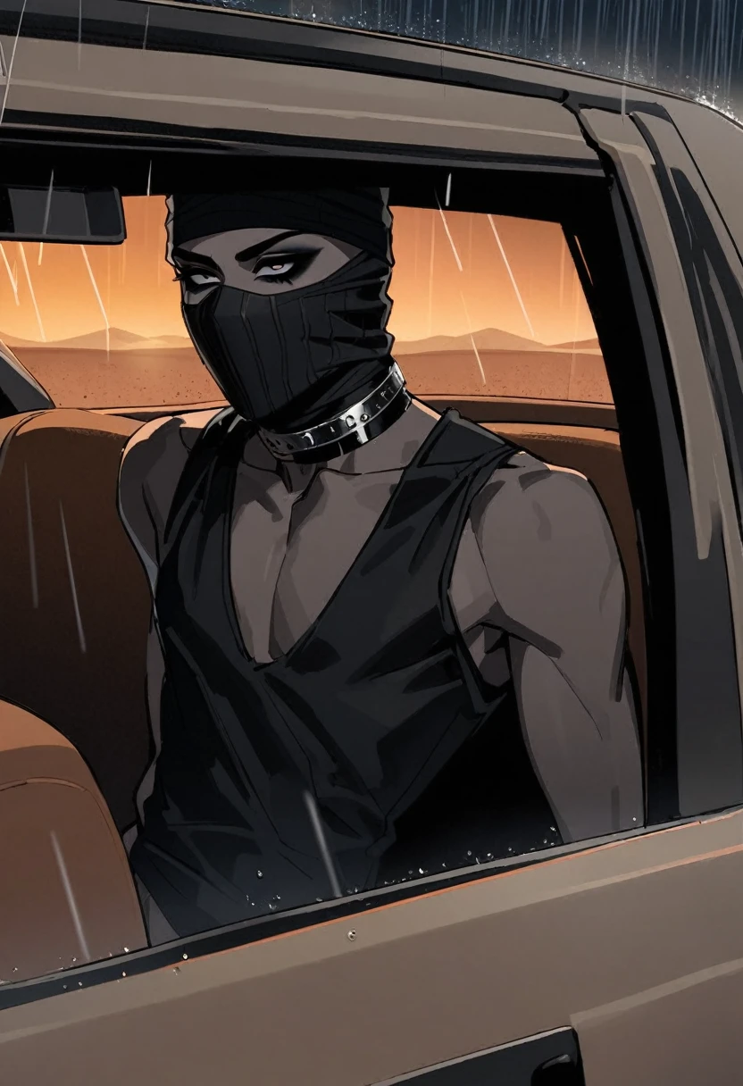 Male arab modern terrorist, terrorist, black balaclava, black bandage, black clothes, thin waist, skinny body, femboy, light skin, makeup, black eyeliner, big eyelashes, black eyeshadow, metal choker, inside the car, desert, night, rain