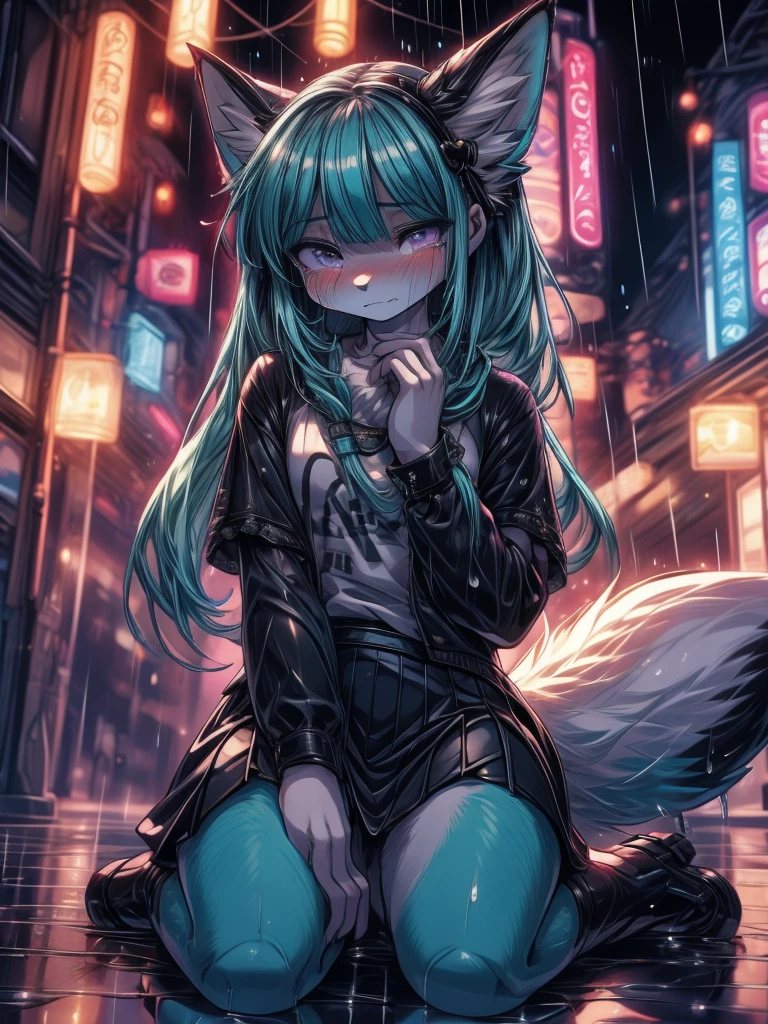 masterpiece, High Definition, Miku Hatsune x debt, primer plano High Definition, Jealous, hands together annoying, High Definition, purple iris, add_detail:1, full body add_detail:1, kneeling in the rain add_detail:1, body wet from the rain add_detail:1, High Definition, sad little fox, sobbing face add_detail:1, High Definition en su cara add_detail:1, very sad girl, crying in heavy rain add_detail:1 High Definition, black novel shirt, black skirt add_detail:1 High Definition