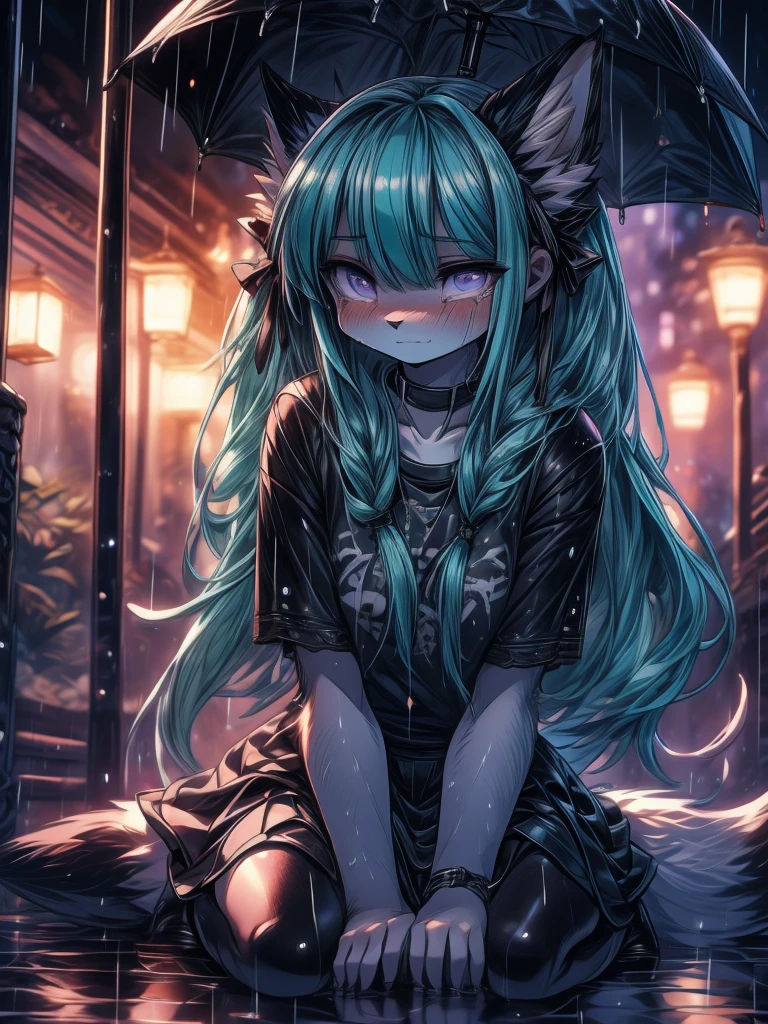 masterpiece, High Definition, Miku Hatsune x debt, primer plano High Definition, Jealous, hands together annoying, High Definition, purple iris, add_detail:1, full body add_detail:1, kneeling in the rain add_detail:1, body wet from the rain add_detail:1, High Definition, sad little fox, sobbing face add_detail:1, High Definition en su cara add_detail:1, very sad girl, crying in heavy rain add_detail:1 High Definition, black novel shirt, black skirt add_detail:1 High Definition