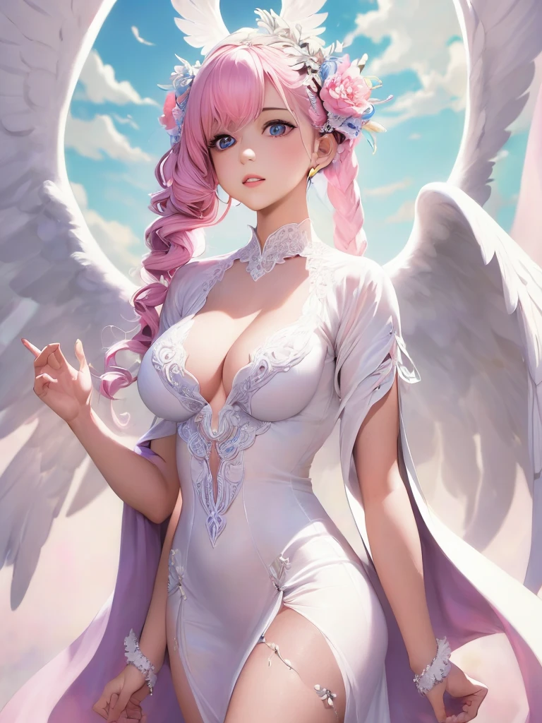 ((raw photo)), ((masterpiece)), anthropomorphic humanoid AngelGirl wearing white noble robe, intricate detail, futobot, intricate Greebles pieces, sky behind, pink, beautiful wings, detailed eyes and lips