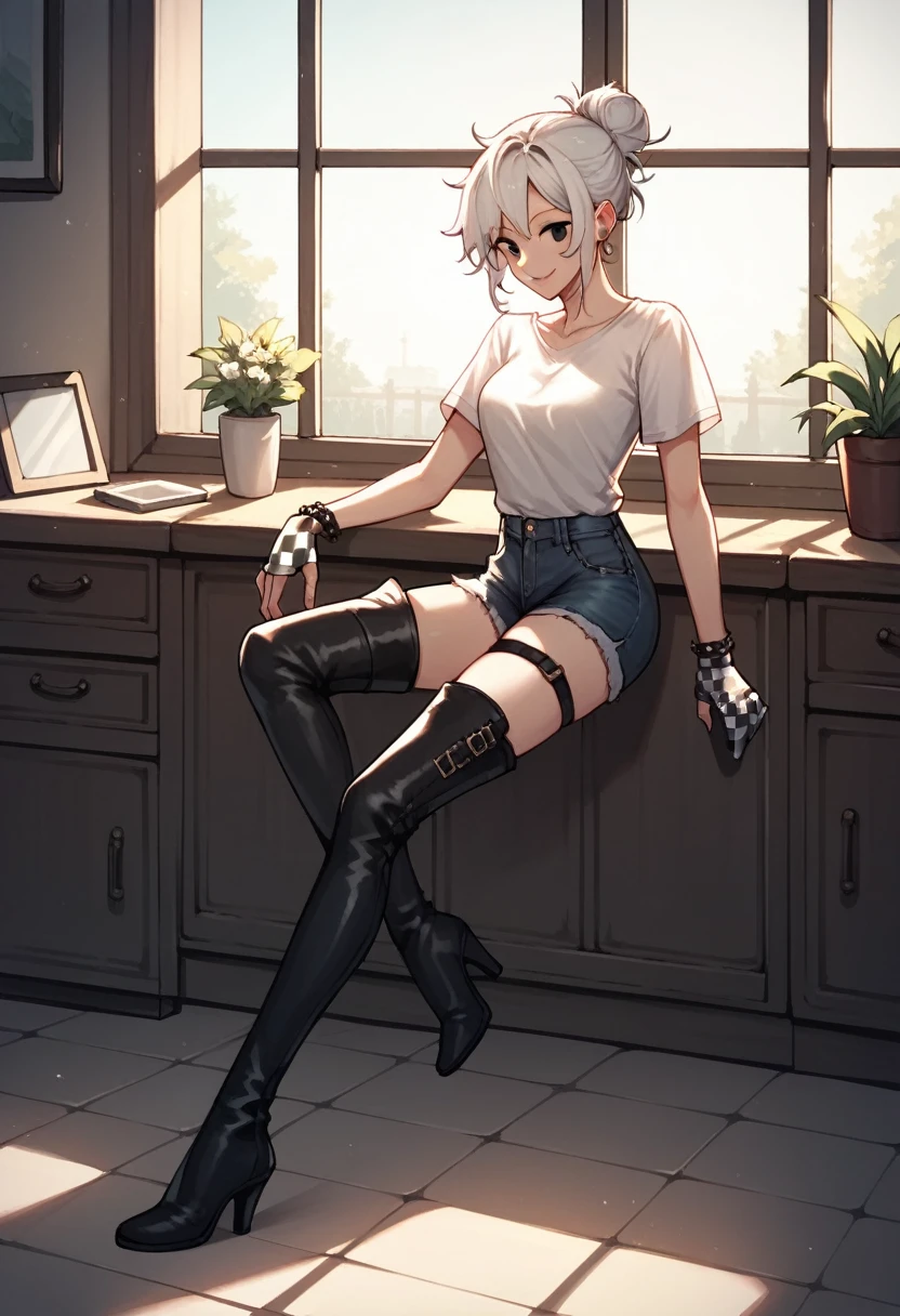 score_9, score_8_up, score_7_up, score_6_up, score_5_up, score_4_up, source_anime, 1woman, worth, sweet smile, A humble face, Keep a smoothie, white hair, hair bun, black eyes, long legs, messy hair, white shirt, jeans shorts, leather bracelet, checkered gloves, thigh boots, evening, hip strap, windows, floor, rooms, best quality, best res, 4K UHD,
 