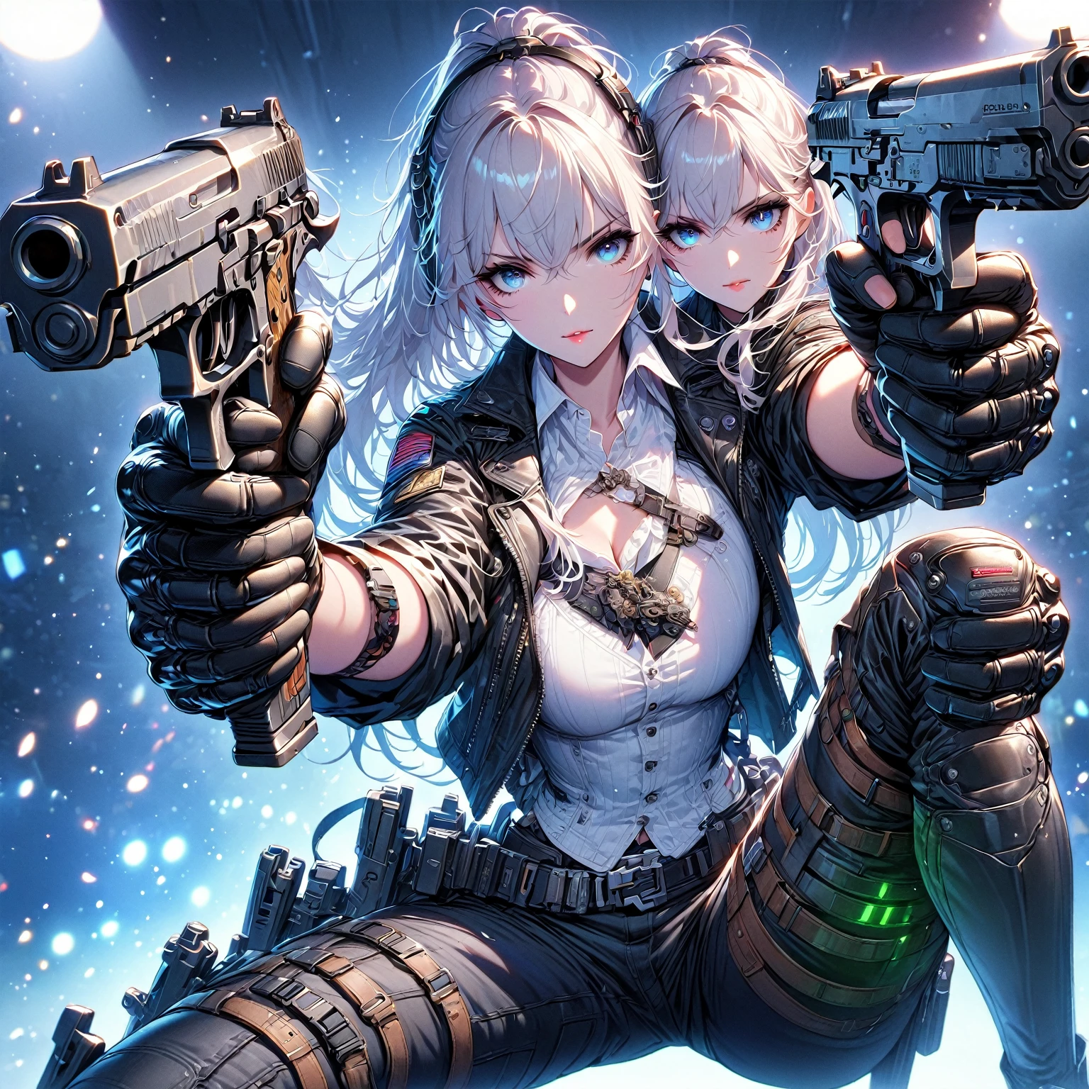 (best quality:1.2), 1 girl, white hair, white vest, black leather pants,black leather jacket, Beautiful and delicate eyes, Beautiful and delicate lips, Extremely detailed eyes and face, long eyelashes, bright colors, professional, Super detailed, actual, studio lighting, Physically based rendering,holding RPA 308 ,Aim at you