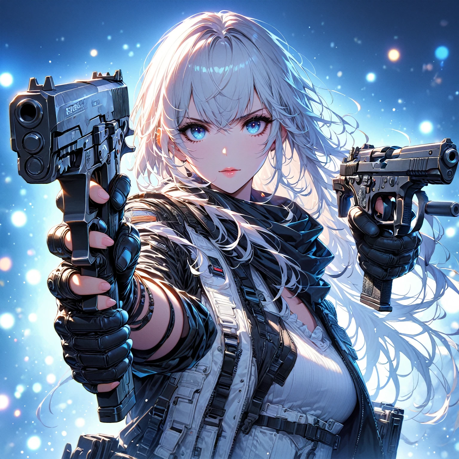 (best quality:1.2), 1 girl, white hair, white vest, black leather pants，black leather jacket, Beautiful and delicate eyes, Beautiful and delicate lips, Extremely detailed eyes and face, long eyelashes, bright colors, professional, Super detailed, actual, studio lighting, Physically based rendering，holding RPA 308 ，Aim at you