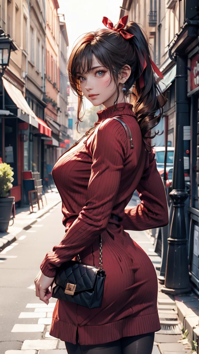 24-year-old female、Sexy proportions、Sexy、Long eyelashes、Narrow waist、Side Ponytail((side ponytail))、hair band((hair ribbon))、Red hair、Textured skin((textured skin))、Red knit dress((knit dress))、Exposed thighs、Stiletto heels、Clutch bags、Paris alley background in france